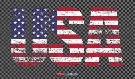 USA lettering. Grunge American flag. Transparent background. Template for your design works. Vector illustration.のイラスト素材