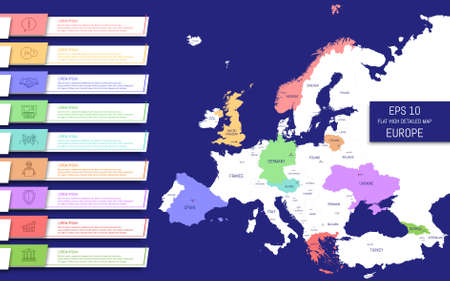 Flat high detailed Europe map. Capitals and country names. Divided into high detailed editable contours of countries. Info graphic elements. Template for your design works. Vector illustration.のイラスト素材