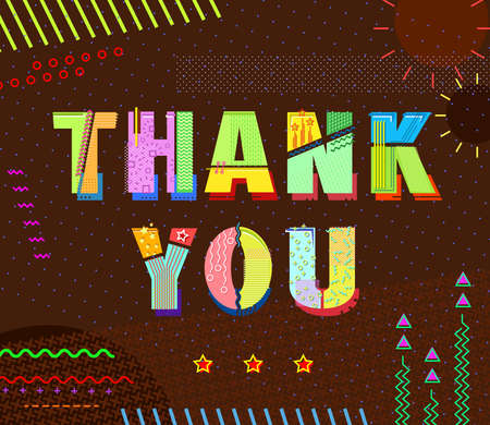 Thank your card design. Geometric lettering on abstract background. Memphis style. Template for your design works. Vector illustration.のイラスト素材