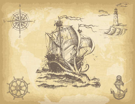 Abstract hand drawn background with vintage sailing ship, compass, lighthouse, ship wheel, anchor and world map on old craft paper texture. Template for your design works.のイラスト素材