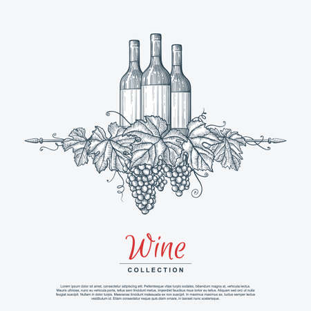 Hand drawn grape wreath with wine bottles. Template for your design works. Engraved style vector illustration.のイラスト素材