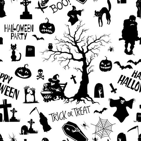 Hand drawn Halloween lettering and flat silhouettes seamless pattern. Elements for your design works. Vector illustration.のイラスト素材