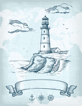 Abstract sea adventure background. World map, anchor, lighthouse, compass, ship wheel, rubber banner. Template for your design works. Hand drawn vector illustration.のイラスト素材