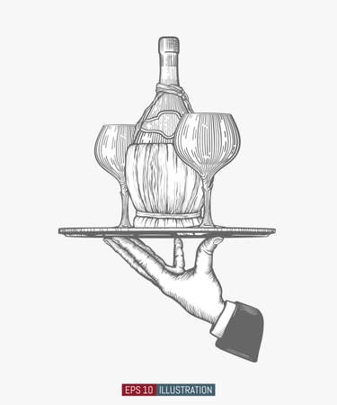 Waiter hand holding tray with wine bottle and glasses. Template for your design works. Engraved style hand drawn vector illustration.のイラスト素材