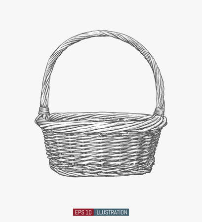 Hand drawn wicker basket. Engraved style vector illustration. Template for your design works.のイラスト素材