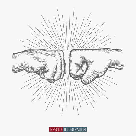 Hand drawn hand gesture. Fist to fist symbol. Linear vintage style sun rays background. Template for your design works. Engraved style vector illustration.のイラスト素材