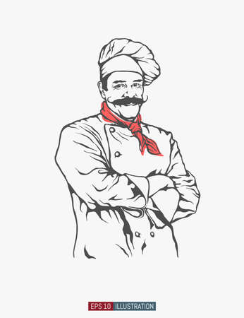 Hand drawn chef. Smiling male character. Engraved style vector illustration. Template for your design works.のイラスト素材