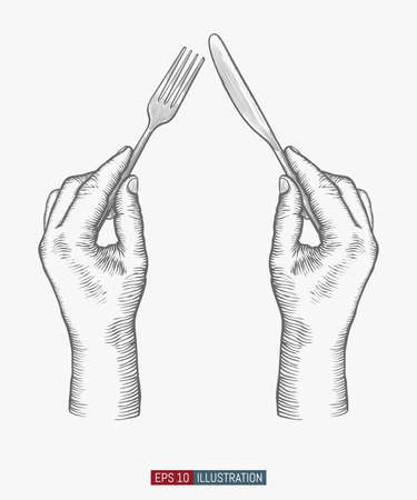 Hand drawn hands holding fork and knife. Engraved style vector illustration. Elements for you design works.のイラスト素材