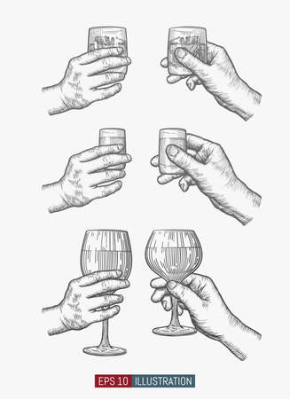 Hands holding glasses set. Template for your design works. Engraved style vector illustration.のイラスト素材
