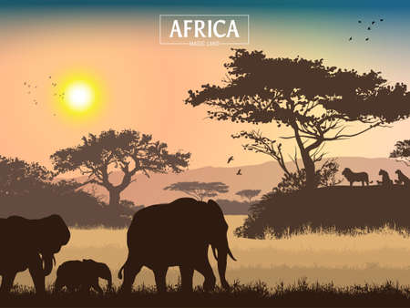 African landscape. Grass, trees, birds, animals silhouettes. Abstract nature background. Template for your design works. Vector illustration.のイラスト素材
