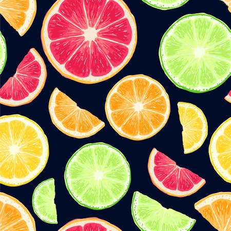 Hand drawn citrus fruits abstract background. Seamless pattern. Template for your design works. Engraved style vector illustration.のイラスト素材