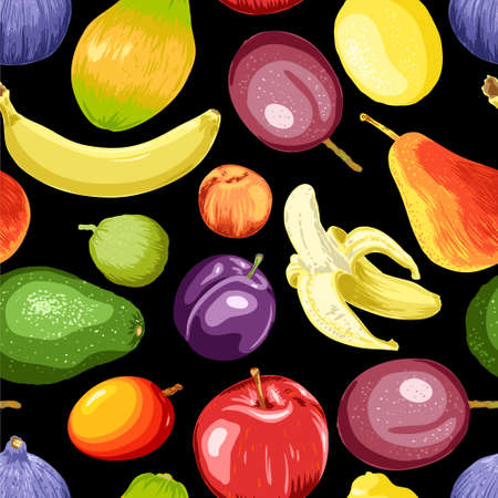 Hand drawn fruits and berries abstract background. Seamless pattern. Template for your design works. Engraved style vector illustration.のイラスト素材
