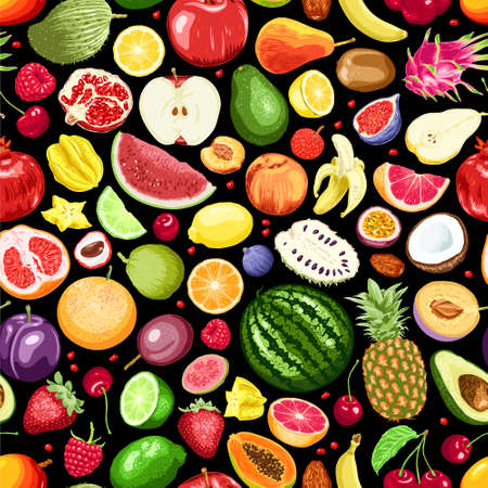 Hand drawn fruits and berries abstract background. Seamless pattern. Template for your design works. Engraved style vector illustration.のイラスト素材