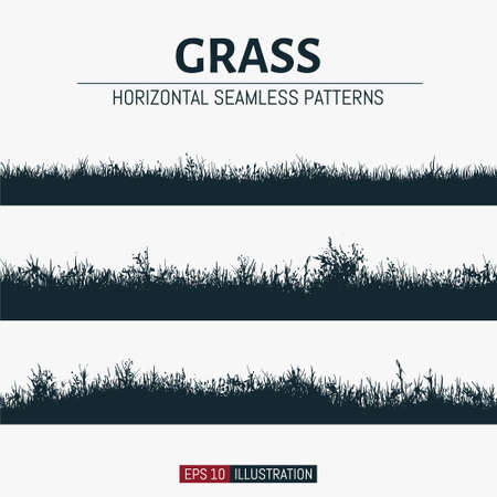 Set of abstract hand drawn grass field silhouettes. Horizontal seamless patterns. Template for your design works. Vector illustration.のイラスト素材
