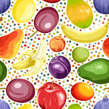 Hand drawn fruits and berries abstract background. Seamless pattern. Template for your design works. Engraved style vector illustration.のイラスト素材