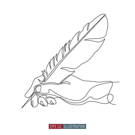 Continuous line drawing of hand holding feather. Template for your design works. Vector illustration.のイラスト素材