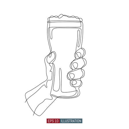 Continuous line drawing of hand holding beer glass. Template for your design works. Hand drawn vector illustration.のイラスト素材