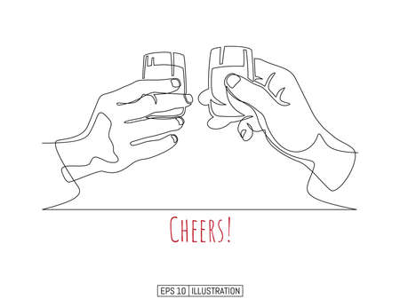 Continuous line drawing of hand holding glass. Template for your design. Vector illustration.のイラスト素材