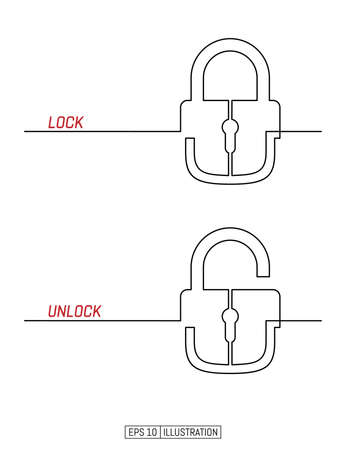 Continuous line drawing of lock and unlock symbols. Protection symbol. Template for your design. Vector illustration.のイラスト素材