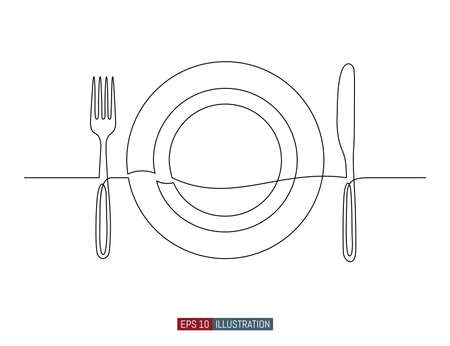 Continuous line drawing of hand drawn plate, fork and knife. Template for your design. Vector illustration.のイラスト素材