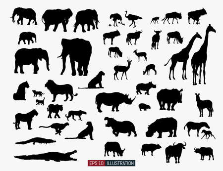 African animals silhouettes set. Ostrich, giraffe, antelope, wildebeest, elephant, lion, cheetah, crocodile, rhino, zebra, hippo, buffalo. Template for your design works. Vector illustration.のイラスト素材