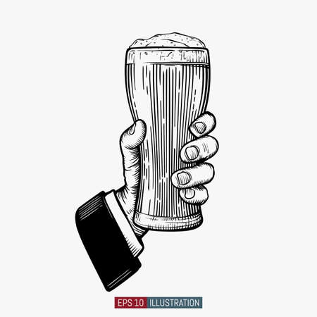 Hands holding and clinking beer glasses. Engraved style. Octoberfest symbol. Beer festival emblem. Hand drawn vector illustration. Template for yuor design works.のイラスト素材
