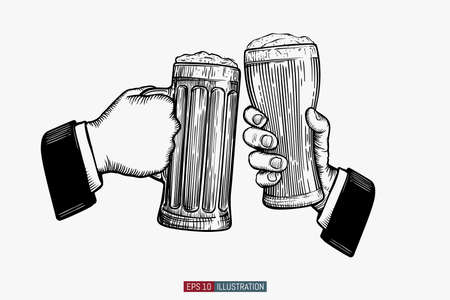 Hands holding and clinking beer glasses. Engraved style. Octoberfest symbol. Beer festival emblem. Hand drawn vector illustration. Template for yuor design works.のイラスト素材