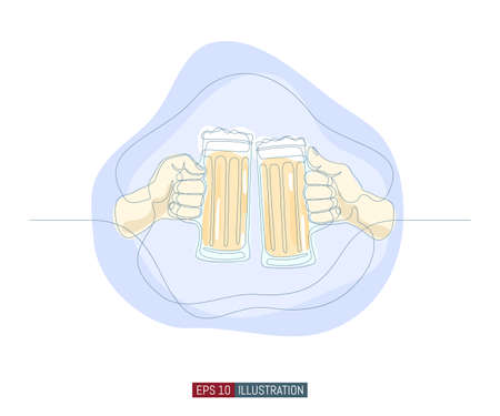 Continuous line drawing of hands holding beer glasses and clinking. Template for your design. Vector illustration.のイラスト素材