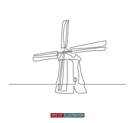 Continuous line drawing of vintage windmill. Template for your design works. Vector illustration.のイラスト素材