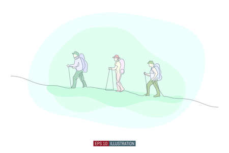 Continuous line drawing of hand drawn traveling people with backpacks silhouettes. Vector illustration. Element for you design works.のイラスト素材