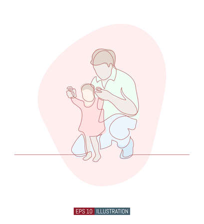 Continuous line drawing of father helps daughter to take her first step. Template for your design works. Vector illustration.のイラスト素材
