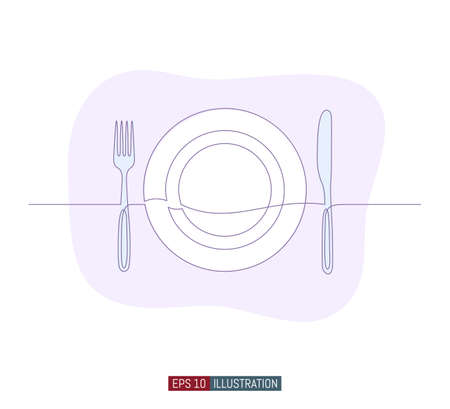 Continuous line drawing of hand drawn plate, fork and knife. Template for your design. Vector illustration.のイラスト素材