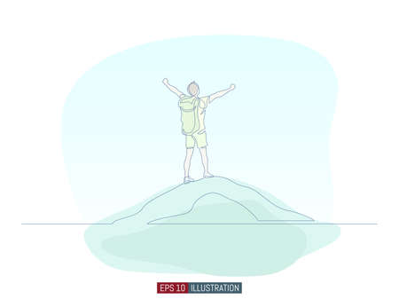 Continuous line drawing of winner man on mountain peak. Climber on mountain top silhouette. Victory symbol. Template for your design works. Vector illustration.のイラスト素材