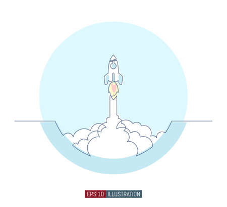 Continuous line drawing of rocket launch. Start up symbol. Template for your design works. Vector illustration.のイラスト素材