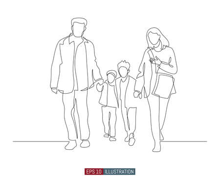 Continuous line drawing of happy family walking. Template for your design works. Vector illustration.のイラスト素材