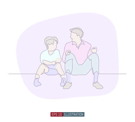 Continuous line drawing of father and son sit and talk. Template for your design works. Vector illustration.のイラスト素材