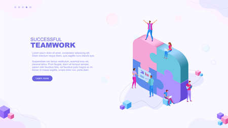 Trendy flat illustration. Successful teamwork page concept. Office workers planing business mechanism, analyze business strategy and exchange ideas. Template for your design works. Vector graphics.のイラスト素材