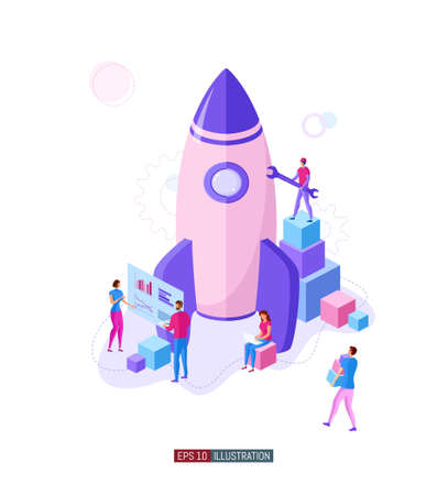 Trendy flat illustration. Business startup concept. Cooperation of people who implement the joint idea. Rocket launch preparation. Template for your design works. Vector graphics.のイラスト素材