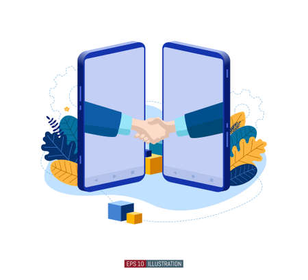 Trendy flat illustration. Businessmen handshake. Doing business with a smartphone. Template for your design works. Vector graphics.のイラスト素材