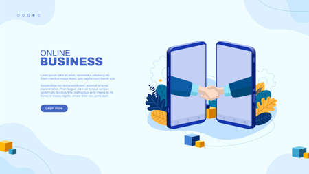 Trendy flat illustration. Online page concept. Businessmen handshake. Doing business with a smartphone. Template for your design works. Vector graphics.のイラスト素材