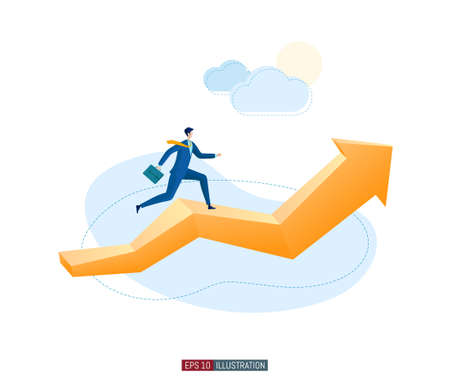 Trendy flat illustration. Businessman runs forward on an arrow. Business or career growth concept. Motivation. Goal achievment. Way up. Template for your design works. Vector graphics.のイラスト素材