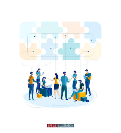 Trendy flat illustration. People are talking. Office workers planning business mechanism, analyze business strategy and exchange ideas. Template for your design works. Vector graphics.のイラスト素材