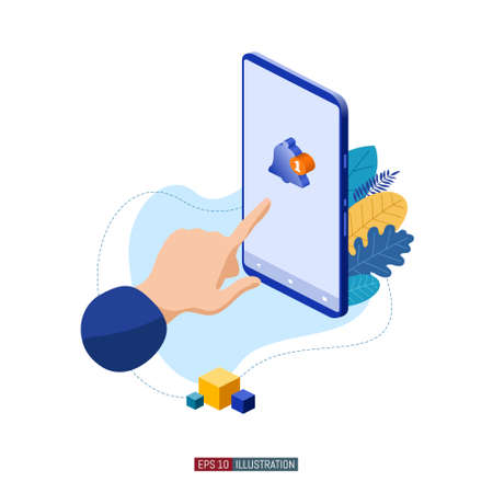 Trendy flat illustration. Hand and smartphone with message symbol on the screen. Social network. Chatting. Communication. Template for your design works. Vector graphics.のイラスト素材