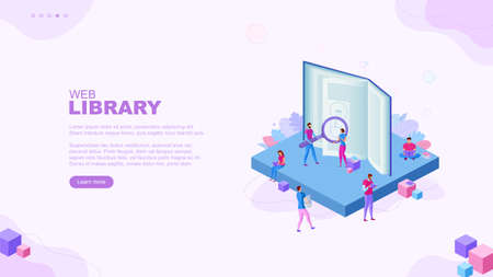 Trendy flat illustration. Web library page concept. People reading books. Education. Knowledge. Science. Digital archive. Template for your design works. Vector graphics.のイラスト素材