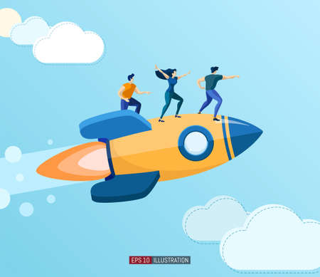 Trendy flat illustration. People fly on rocket. Teamwork concept. Startup. Globalization. International business. Competition. Goal achievement. Template for your design works. Vector graphics.のイラスト素材