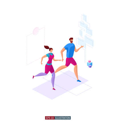 Trendy flat illustration. Running man and woman. Template for your design works. Vector graphics.のイラスト素材
