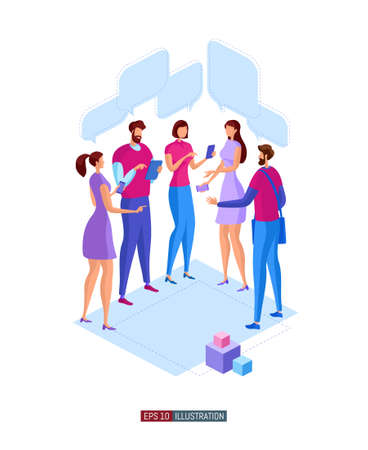 Trendy flat illustration. People are messaging. Office workers planing business mechanism, analyze business strategy and exchange ideas. Template for your design works. Vector graphics.のイラスト素材