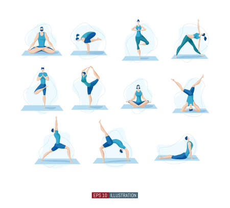 Trendy flat illustration. Yoga poses set. Yoga Lifestyle. Man and woman doing yoga. Activity. Fitness. Template for your design works. Vector graphics.のイラスト素材