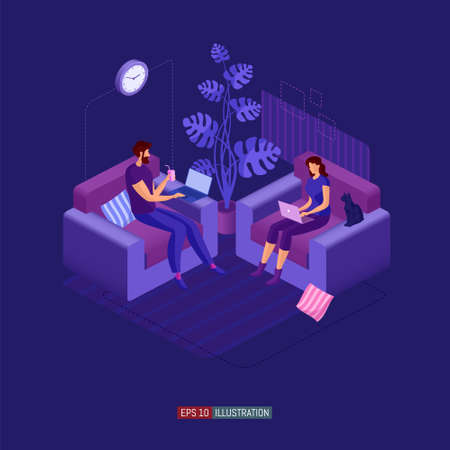 Trendy flat illustration. Man and woman are sitting in armchairs working with laptops. Remote work. Online education. Family leisure. Template for your design works. Vector graphics.のイラスト素材