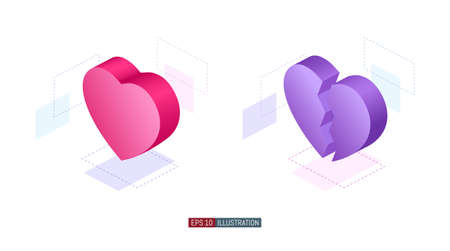 Trendy flat illustration. Heart and broken heart 3D isometric icons. Template for your design works. Vector graphics.のイラスト素材